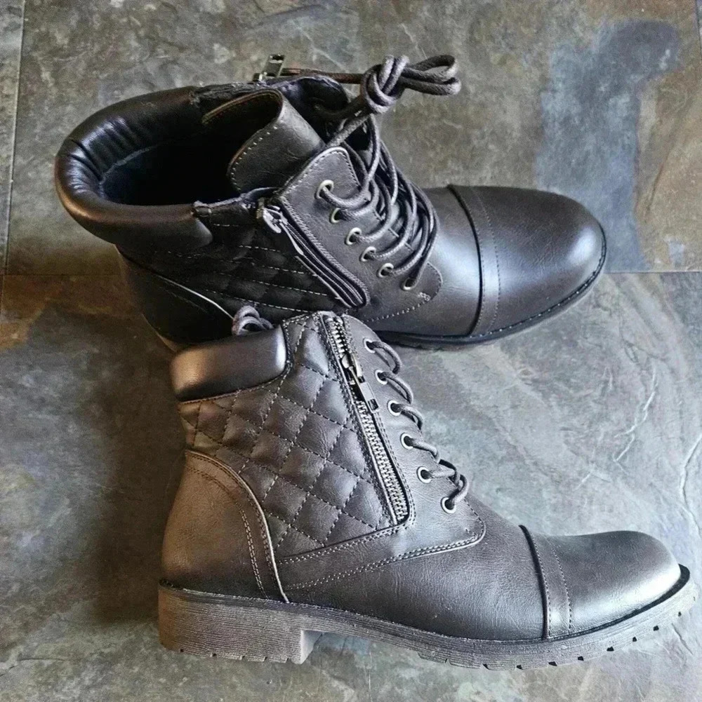 Women's Ankle Combat Boots Fashion Zip/Lace Up Low Heel Brown (9.5) NWOB